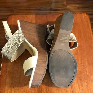 Cream and snakeskin wedges